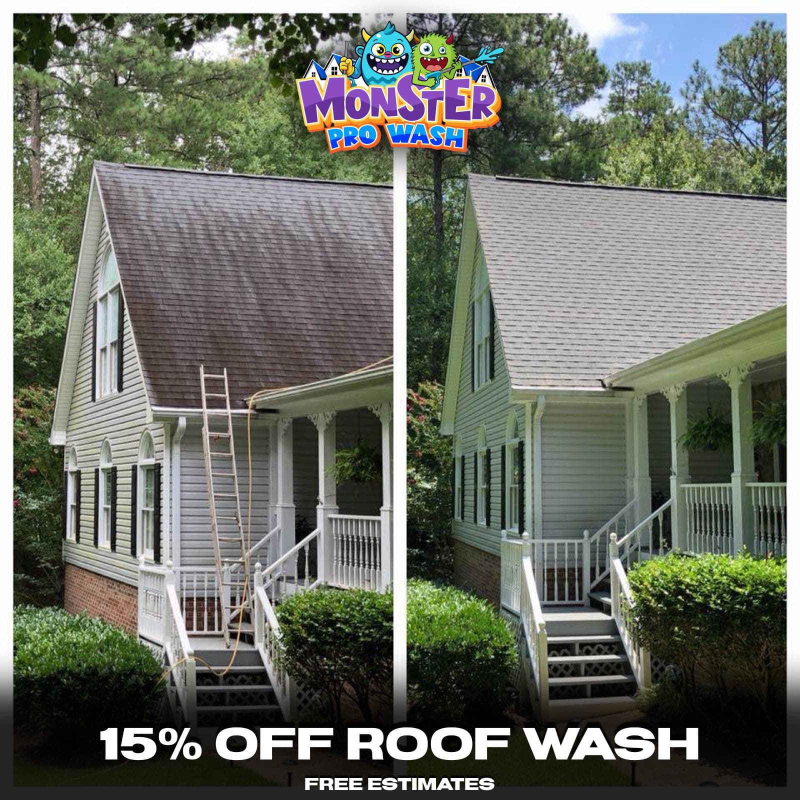 Before and after roof cleaning showing removal of black algae streaks